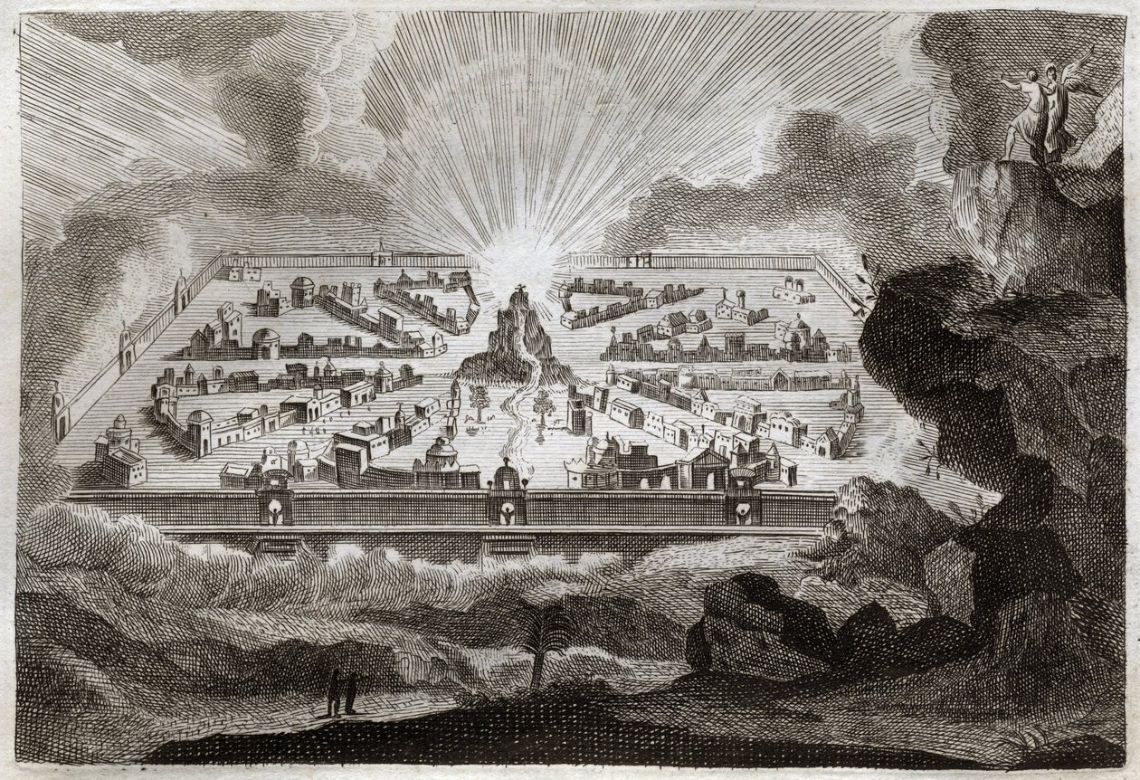 الكتاب المقدس Royaumont ، العهد الجديد: القدس الجديدة. يظهر الملاك القديس يوحنا القدس الجديدة. رسم توضيحي من عام 1811. بواسطة فنان غير معروف