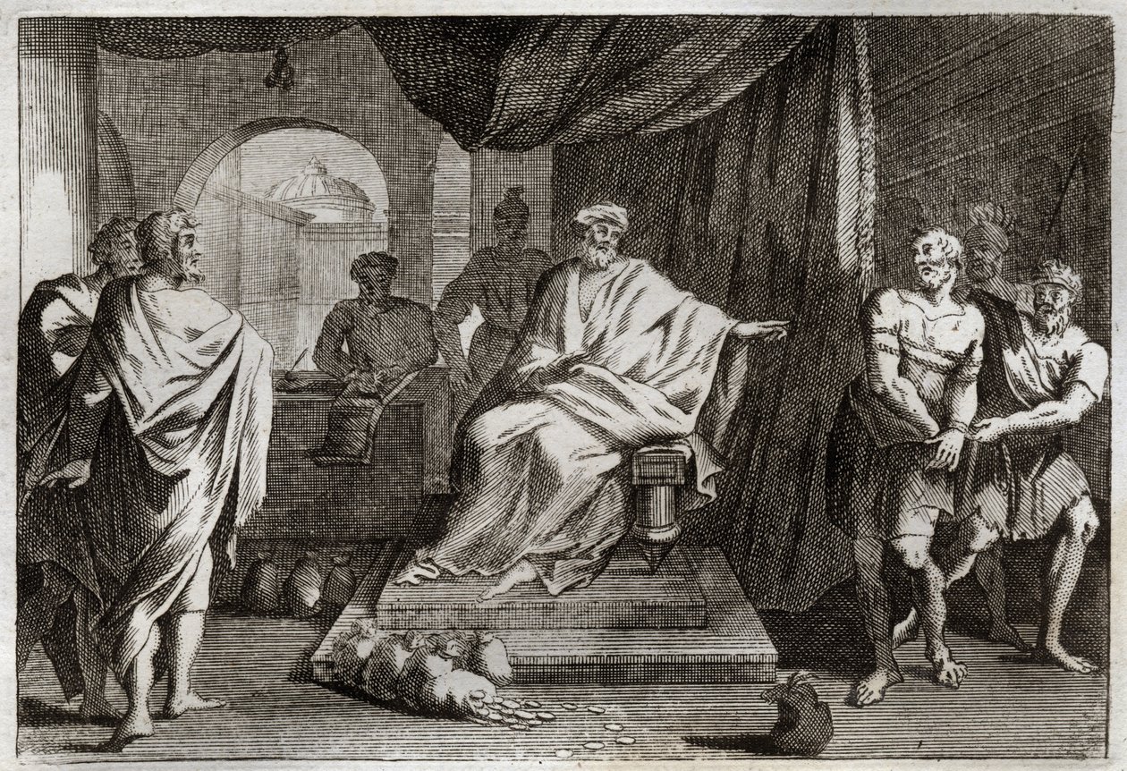 الكتاب المقدس Royaumont ، العهد الجديد: مثل المواهب. سيد يعاقب أحد عبيده الذي أخفى المال الذي أعطاه إياه. رسم توضيحي من عام 1811. بواسطة فنان غير معروف