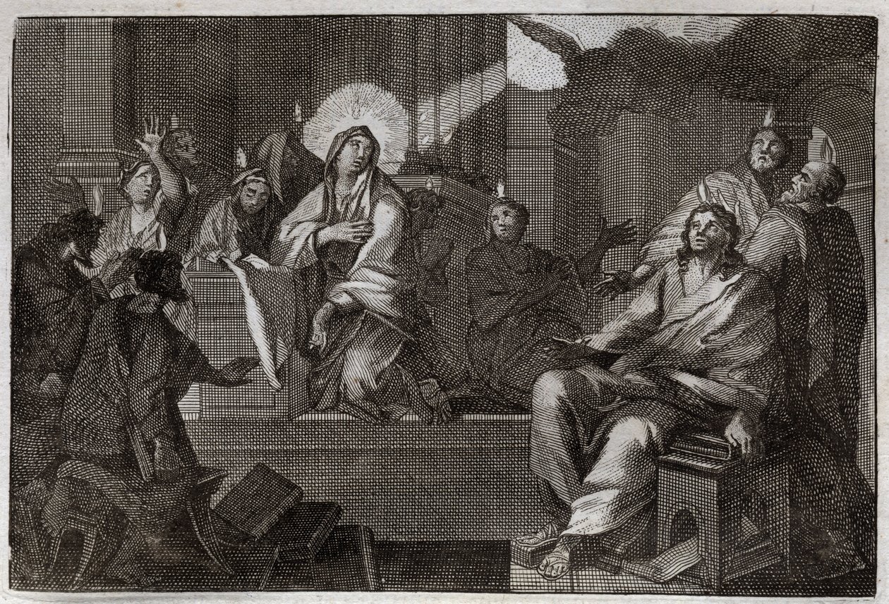 الكتاب المقدس Royaumont ، العهد الجديد: Pentecoot. الروح القدس ينزل على مريم العذراء والزبائن. رسم توضيحي من عام 1811. بواسطة فنان غير معروف