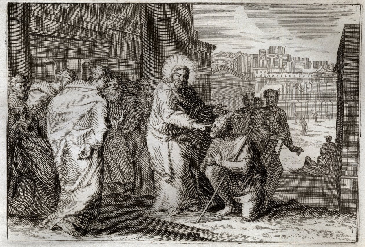 الكتاب المقدس Royaumont ، العهد الجديد: للمكفوفين. يسوع المسيح بأعجوبة يحارب المكفوفين. رسم توضيحي من عام 1811. بواسطة فنان غير معروف