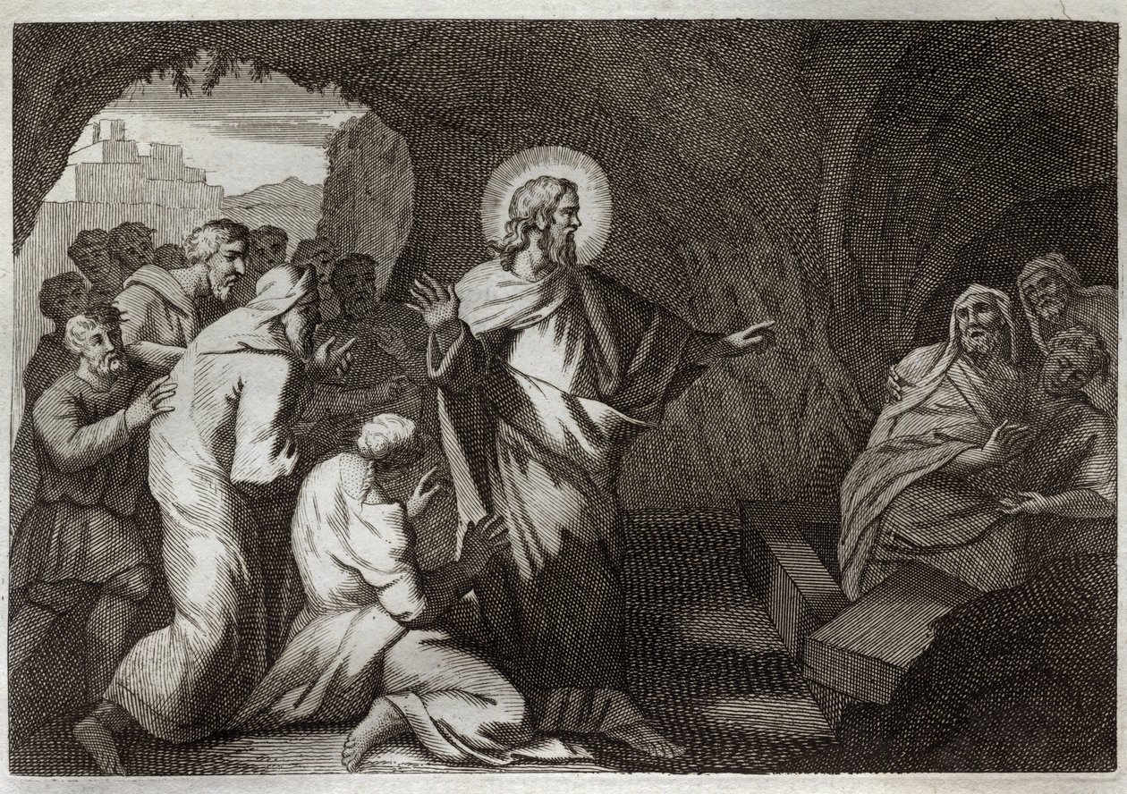 كتاب رومونت الكتاب المقدس ، العهد الجديد: قيامة لعازر بيسوع المسيح. رسم توضيحي من عام 1811. بواسطة فنان غير معروف