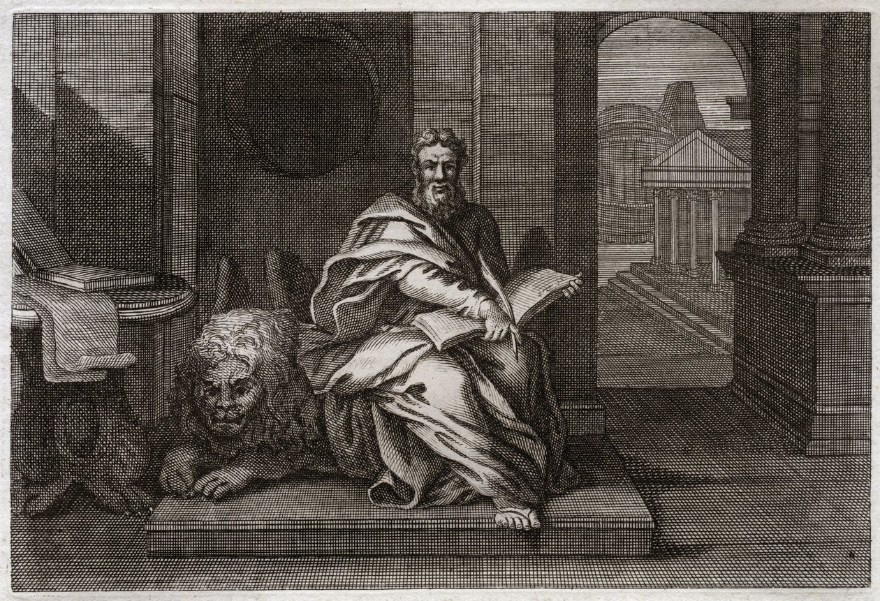 الكتاب المقدس Royaumont ، العهد الجديد: الإنجيلي القديس مرقس مع الأسد. رسم توضيحي من عام 1811. بواسطة فنان غير معروف
