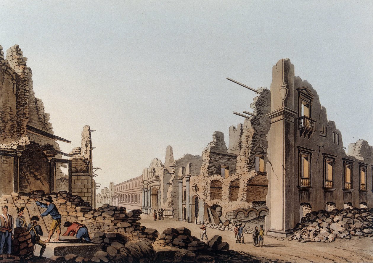 الآثار التي سببها الزلزال في ميسينا (ميسينا) عام 1783. في "مناظر في السيادة العثمانية ، في أوروبا ، في آسيا وبعض جزر البحر الأبيض المتوسط" بواسطة فنان غير معروف