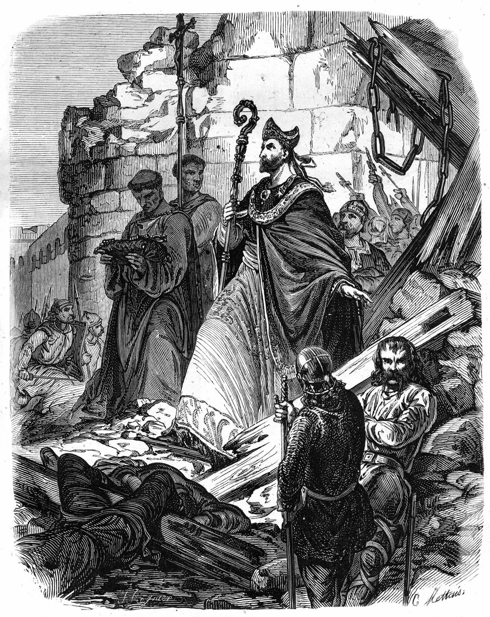 يذهب Saint-Leger (616-677) أو Saint Leger d'Autun (Latin Leodegarius) eveque and Martyr (616-675) إلى دير Luxeuil بالقرب من Ebroin. نقش في "" لوحات هيستوار دو فرانس أون سنت لبول ليوجور "" 1891 بواسطة فنان غير معروف