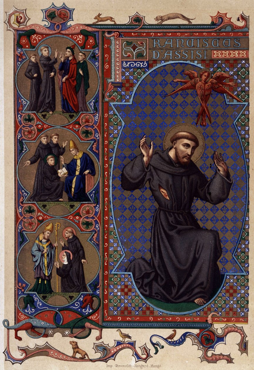 القديس فرنسيس الأسيزي وظهور الوصمات (1224) ، الطباعة الحجرية الملونة بالقرن التاسع عشر بواسطة فنان غير معروف