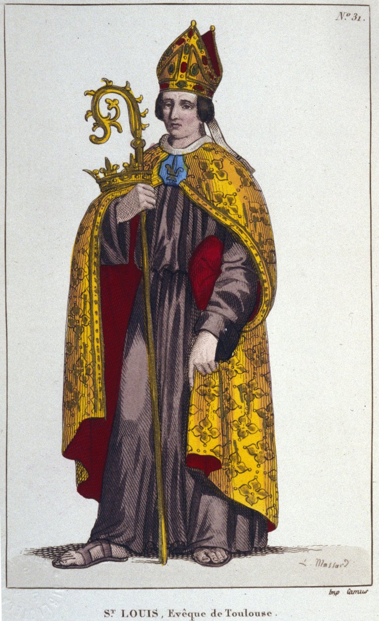 سانت لويس من تولوز أو سانت لويس أنجو. ابن شقيق سانت لويس الصغير (1274-1297) ، أسقف تولوز. نقش 1830 بواسطة فنان غير معروف