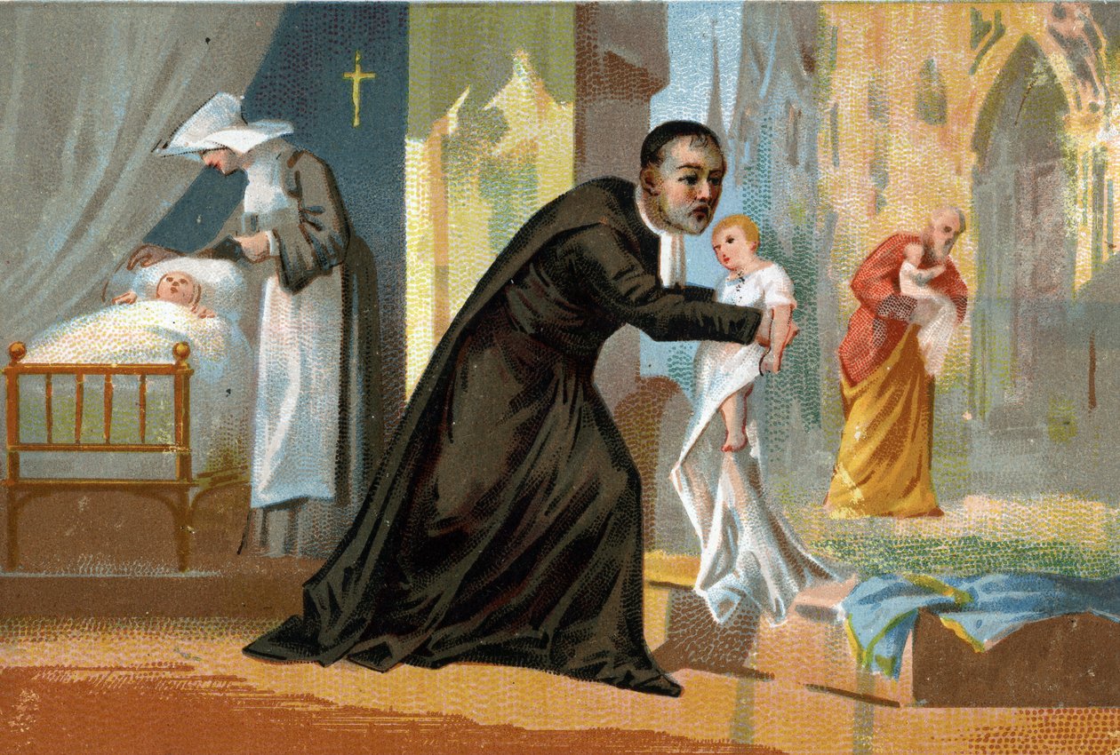 القديس فنسنت دي بول (1576-1660) ، المشهور بمؤسسته الخيرية ، مؤسس مستشفى البحث عن الأطفال. الطباعة الحجرية الملونة في القرن التاسع عشر. بواسطة فنان غير معروف
