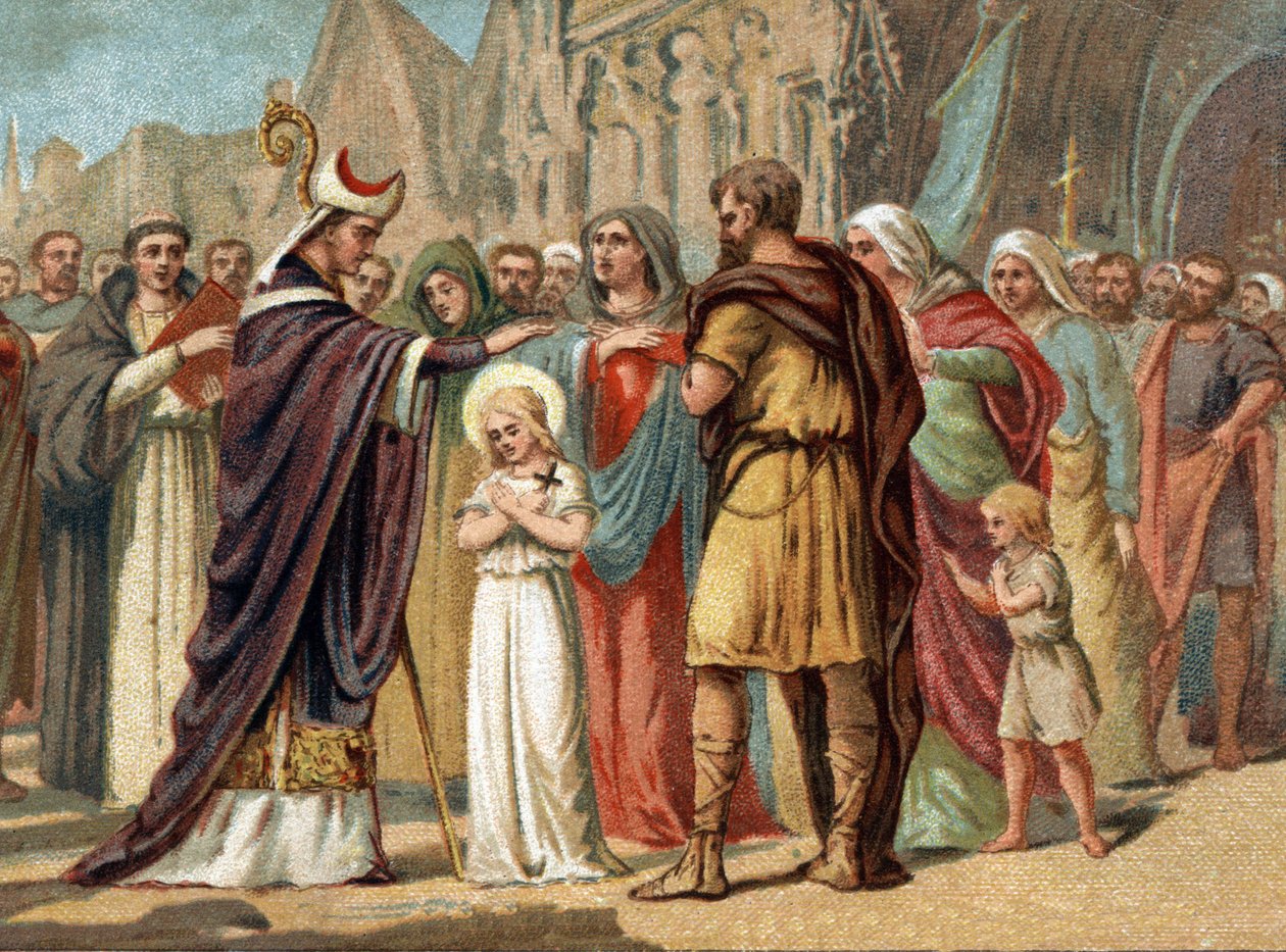 Sainte Genevieve (422-502) ، شفيع باريس مع Saint Germain d'Auxerre. الطباعة الحجرية الملونة حوالي عام 1890. بواسطة فنان غير معروف