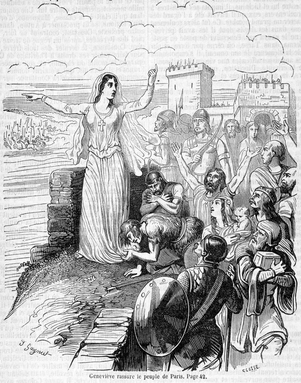 تنظم Sainte Geneviève الدفاع عن باريس ضد جحافل Attila وتطمئن سكان باريس - في "Histoire de France" بقلم Anquetil بواسطة فنان غير معروف