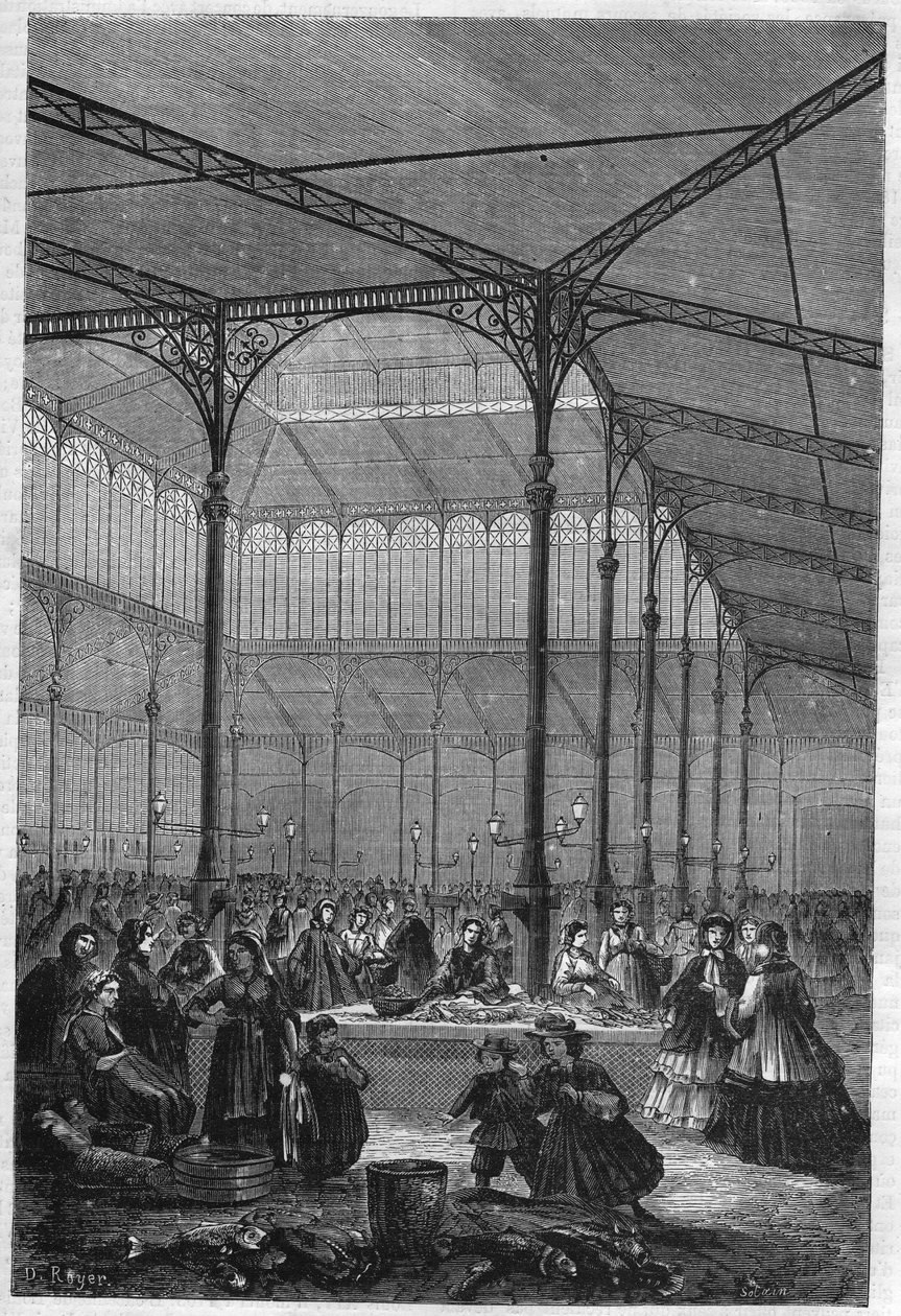 بيع الأسماك في المزاد العلني في Halles de Paris عام 1866 (Pavillon Baltard). بواسطة فنان غير معروف