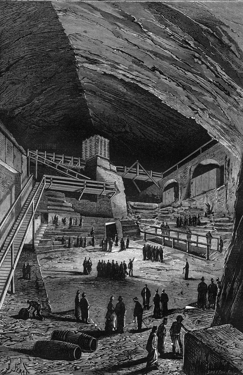مناجم الملح في Wieliczka ، بولندا. نقش في "الطبيعة" بواسطة فنان غير معروف