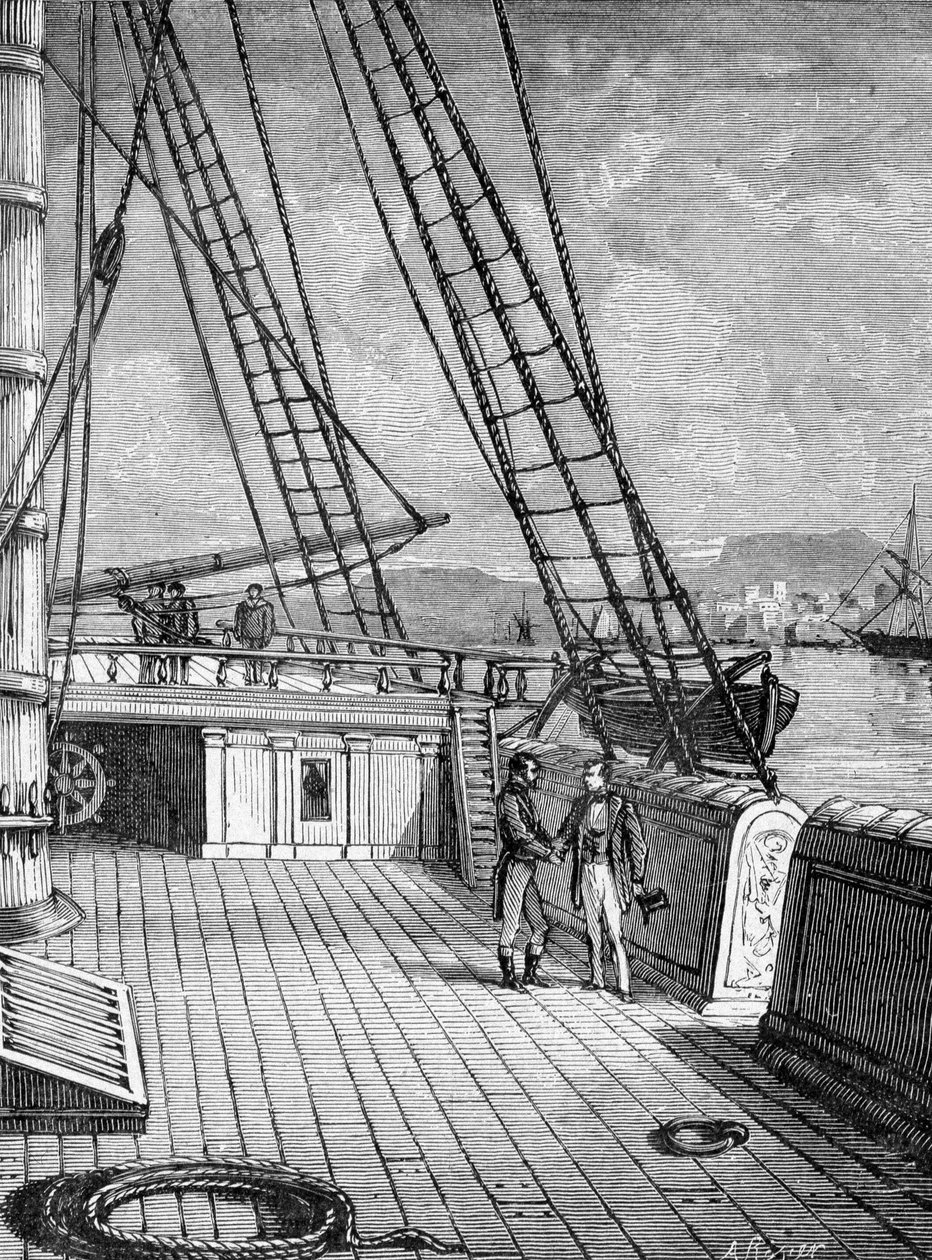 صموئيل مورس (1791-1872) ، مخترع التلغراف الإلكتروني (1844) وأبجدية مورس على متن البطانة "سولي" في عام 1832. نقش القرن التاسع عشر بواسطة فنان غير معروف