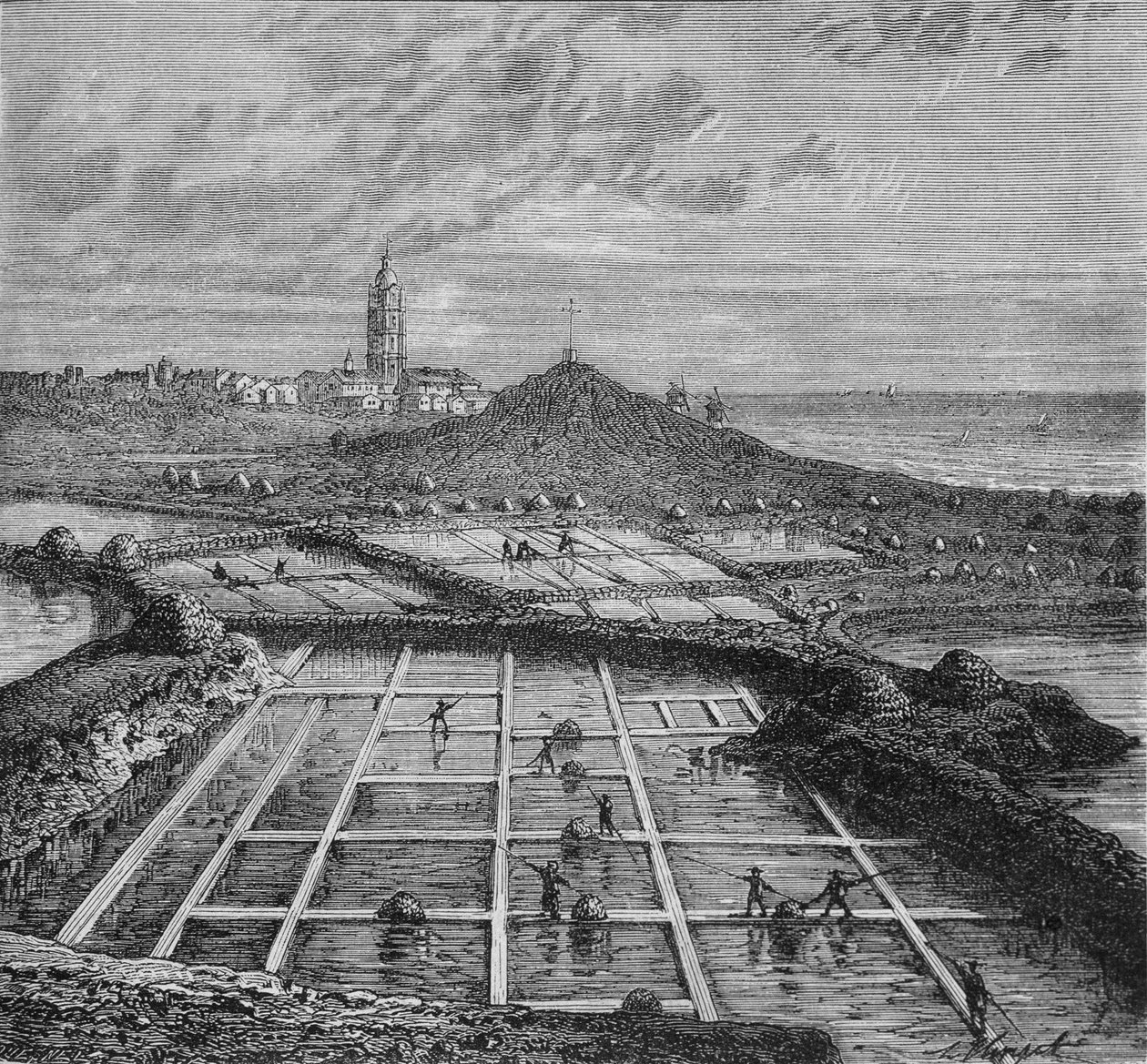 Sauniers في مستنقع ملحي في Bourg de Batz ، بالقرب من Croizic (Brittany) خلال فترة Saunage. في "" عجائب الصناعة "للويس فيغير. بواسطة فنان غير معروف