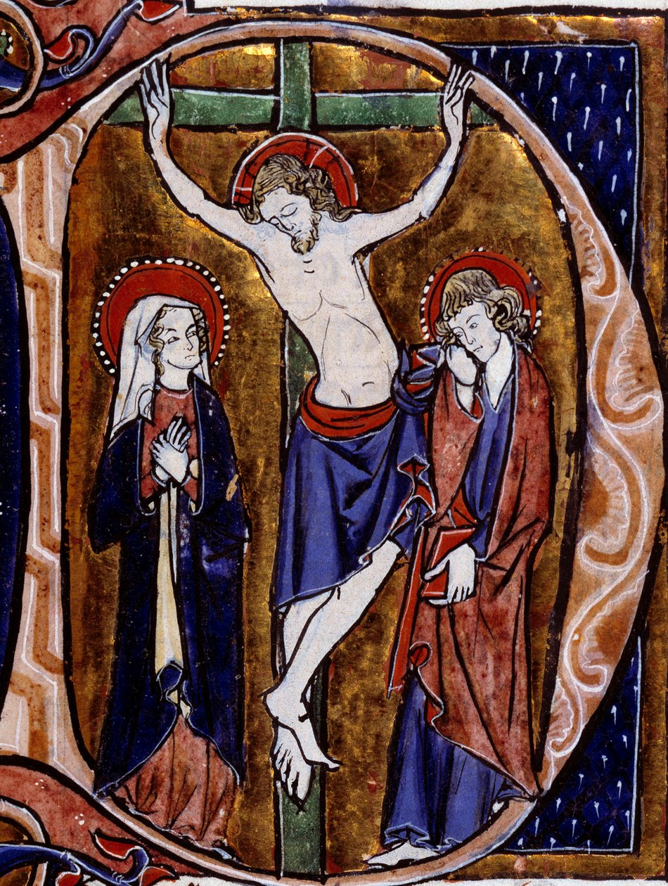 مشهد صلب في ترويسة (الحرف د). Miniture in "" Speculum historyiale "بقلم فنسنت دي بوفيه (القرن الثاني عشر) بواسطة فنان غير معروف