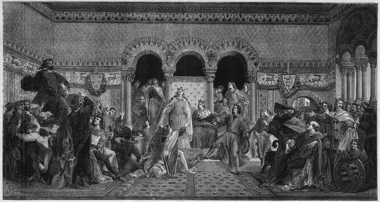 مشهد من حياة القديسة اليزابيث الهنغارية (1207-1231). نقش من عام 1878 من لوحة جدارية لموريس دي شفينداو ، غرفة الشاعر بقلعة فارتبورغ. بواسطة فنان غير معروف