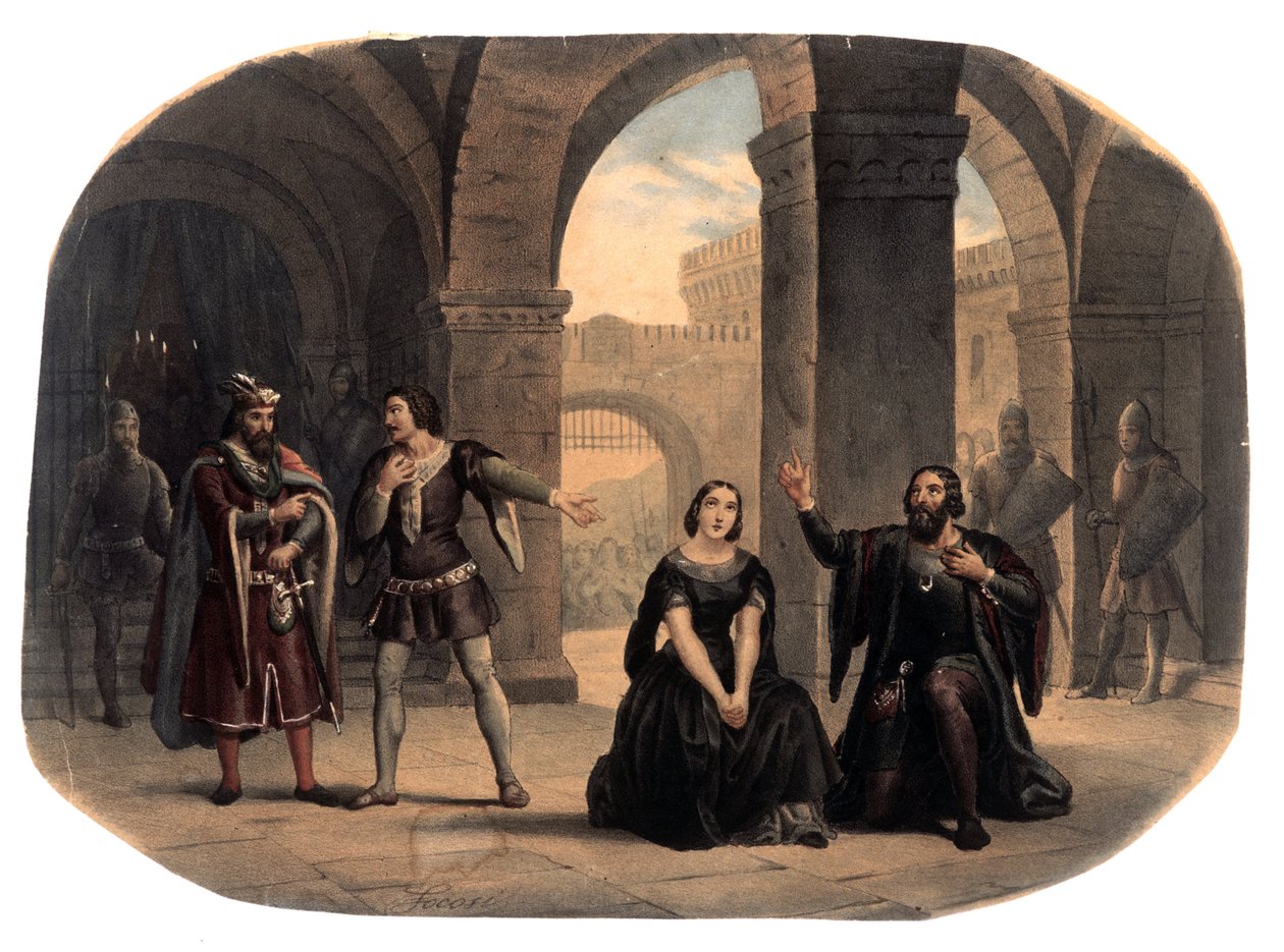مشهد مأخوذ من أوبرا "La forza del destino" للمؤلف الموسيقي جوزيبي فيردي (1813-1901) رسم توضيحي لنهاية القرن التاسع عشر بواسطة فنان غير معروف