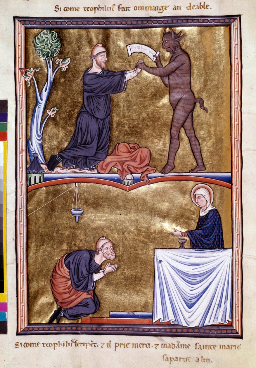 مشاهد من حياة الراهب القديس ثيوفيل التائب (القرن السادس). دعا الشيطان ليخرجه من التسول. فعل الكفارة عن بقية حياته. صورة مصغرة من "" سفر المزامير لإنجبيرغ الدنماركية "" ، حوالي 1210. مكتبة سانت جينيفيف بواسطة فنان غير معروف