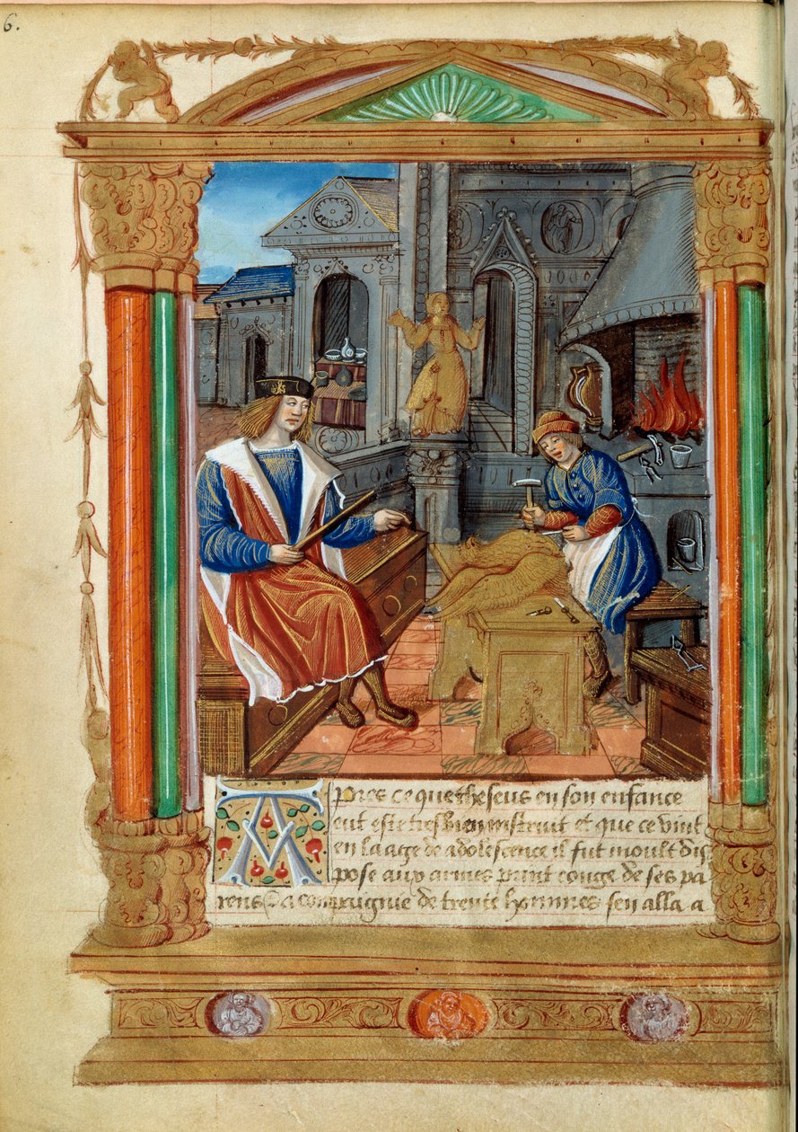 النحت: يتحكم السيد في عمل تلميذه ونحت نسر. صورة مصغرة من "" Roman de Thesus de Cologne et de Godifer "" في القرن السادس عشر في باريس ، ب. بواسطة فنان غير معروف