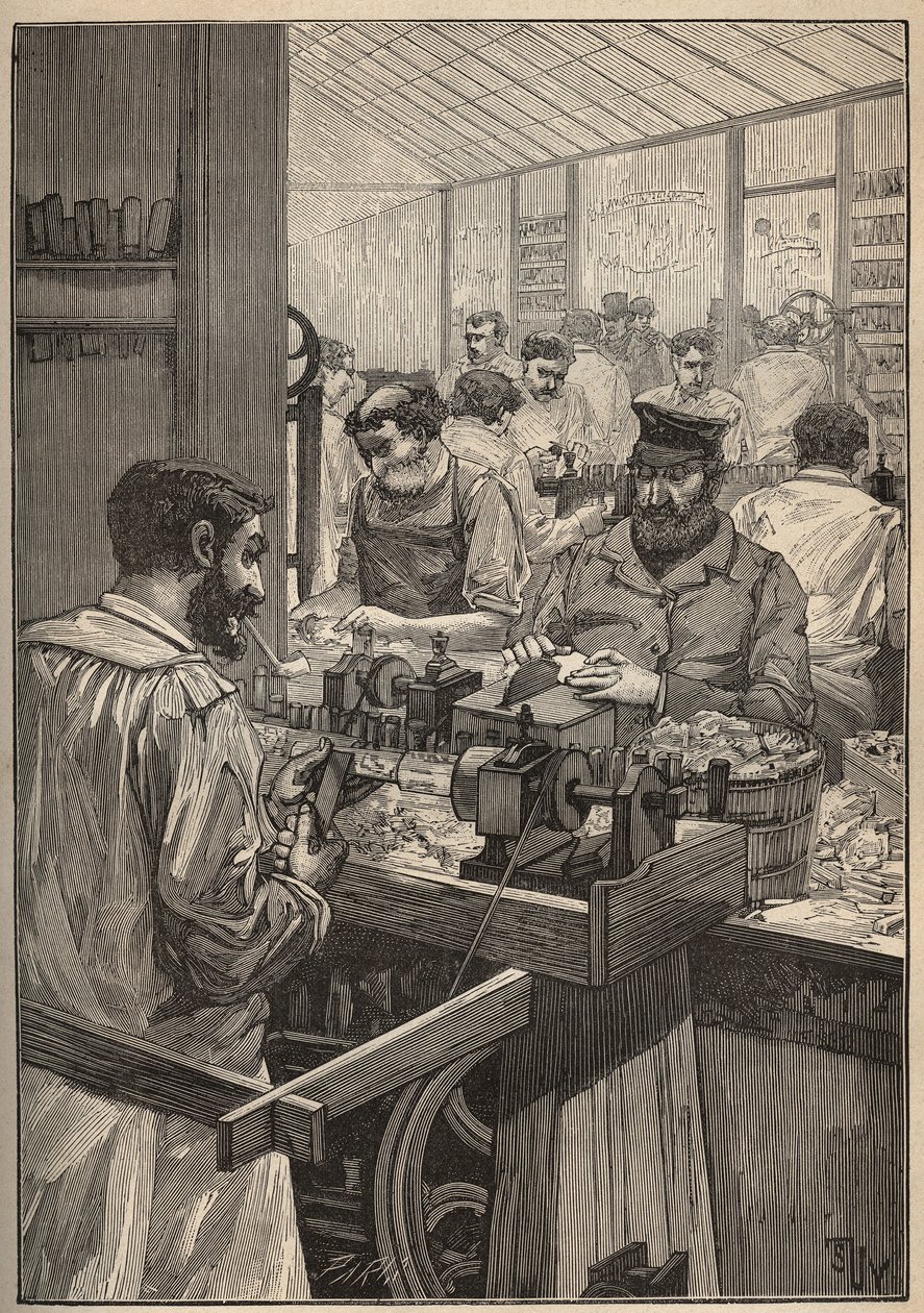 حنجرة البحر: تصنيع غليون البحر. نقش من عام 1885 في "" Les Arts et metiers Illustres "" لأدولف بيتارد. بواسطة فنان غير معروف