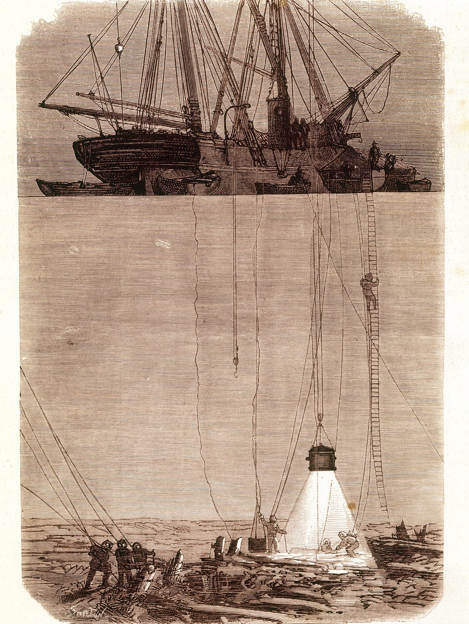 ابحث عن السفن الشراعية الإسبانية التي تحطمت في خليج فيجو عام 1702. الصفحة مأخوذة من "" Emporio Picturesco "" 1871 بواسطة فنان غير معروف