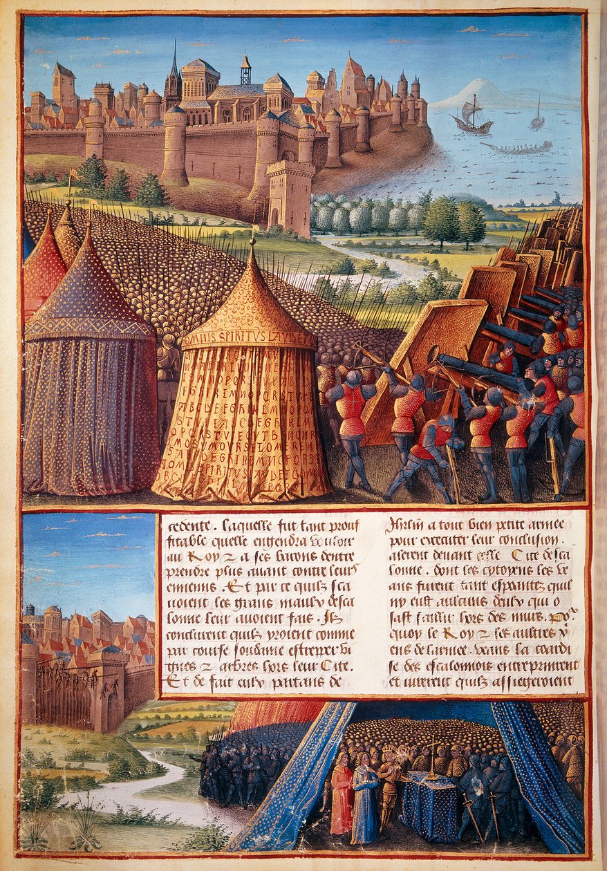 الحملة الصليبية الثانية: منظر لحصار بودوان الثالث (1131-1162) على عسقلان عام 1153. صورة مصغرة مأخوذة من "الممرات التي صنعها الفرنسيون Outremer ضد الأتراك وغيرهم من العرب وموريس Outremarine" بقلم سيباستيان ماميرو بواسطة فنان غير معروف
