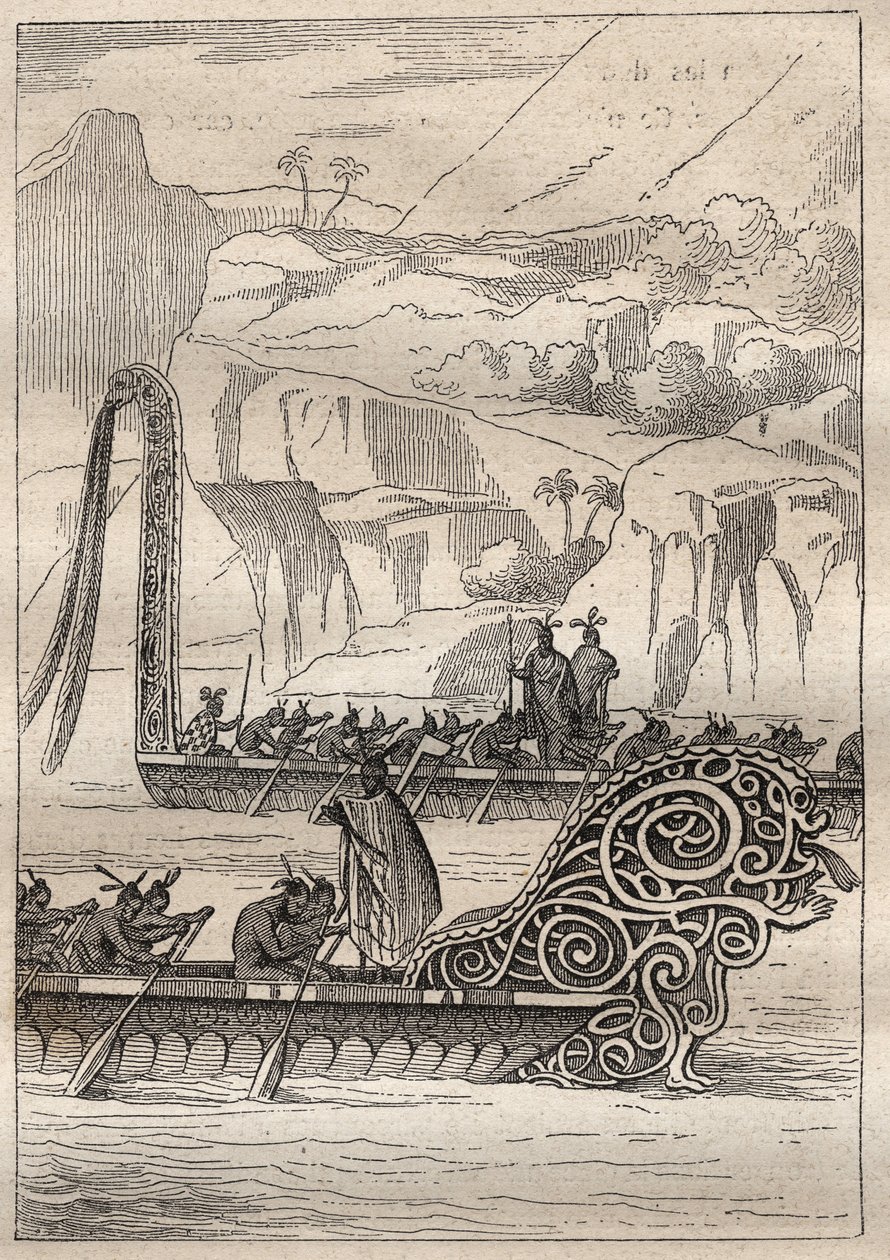 الرحلة الثانية (1772-1775) للكابتن جيمس كوك (1728-1779): زوارق الحرب من زيلاندان الجدد (نيو زيلانديز) - رسم توضيحي مأخوذ من "" البحارة العظماء في القرن الثامن عشر "" بواسطة فنان غير معروف