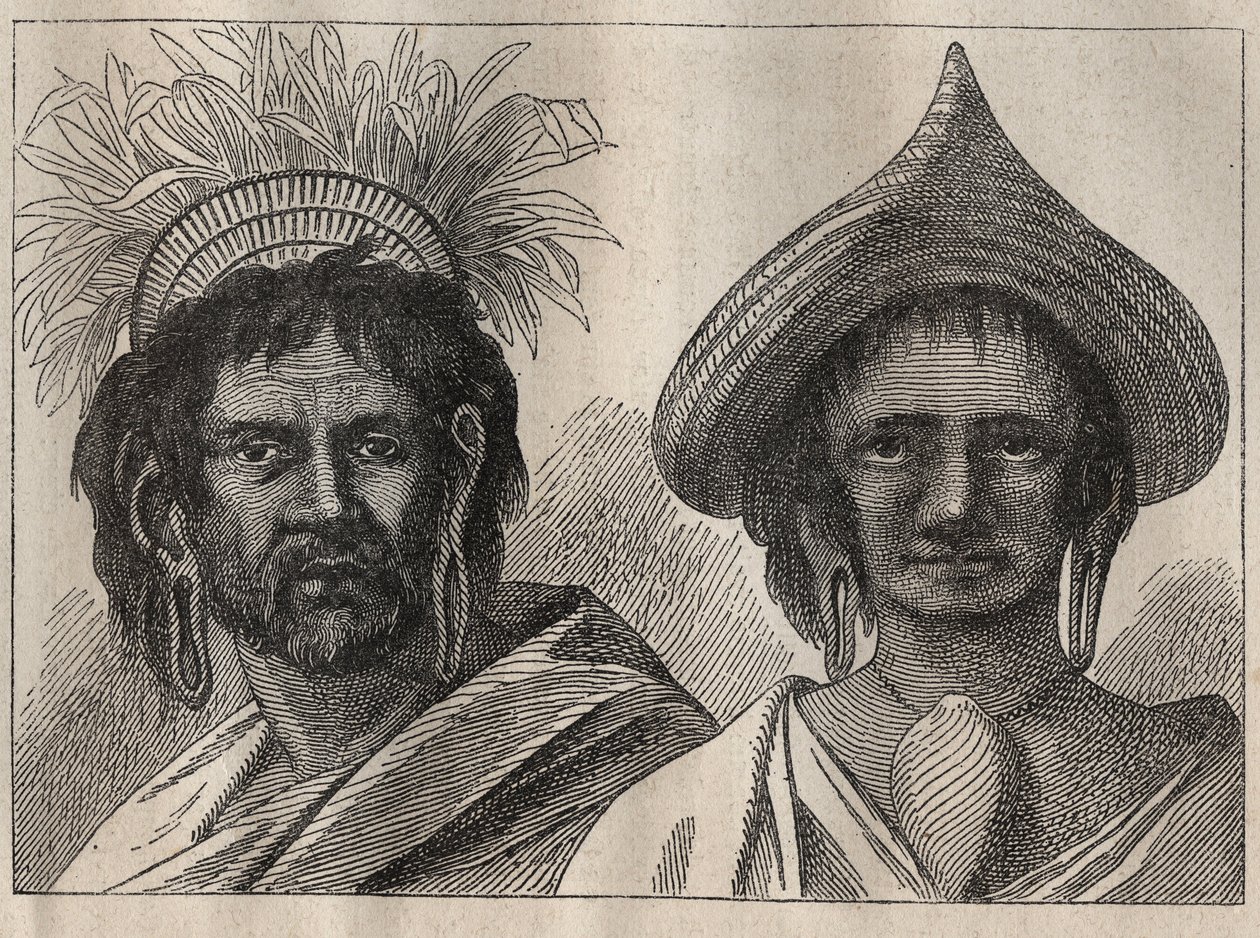 الرحلة الثانية (1772-1775) للكابتن جيمس كوك (1728-1779): رجل وامرأة من جزيرة إيستر - رسم توضيحي من "البحارة العظماء في القرن الثامن عشر" بواسطة فنان غير معروف
