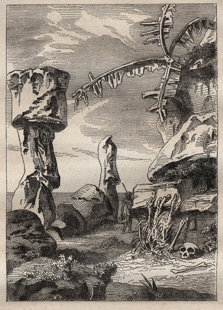 الرحلة الثانية (1772-1775) للكابتن جيمس كوك (1728-1779): آثار جزيرة إيستر (تماثيل ضخمة ، مواي) - رسم توضيحي مأخوذ من "" البحارة العظماء في القرن الثامن عشر "" بواسطة فنان غير معروف