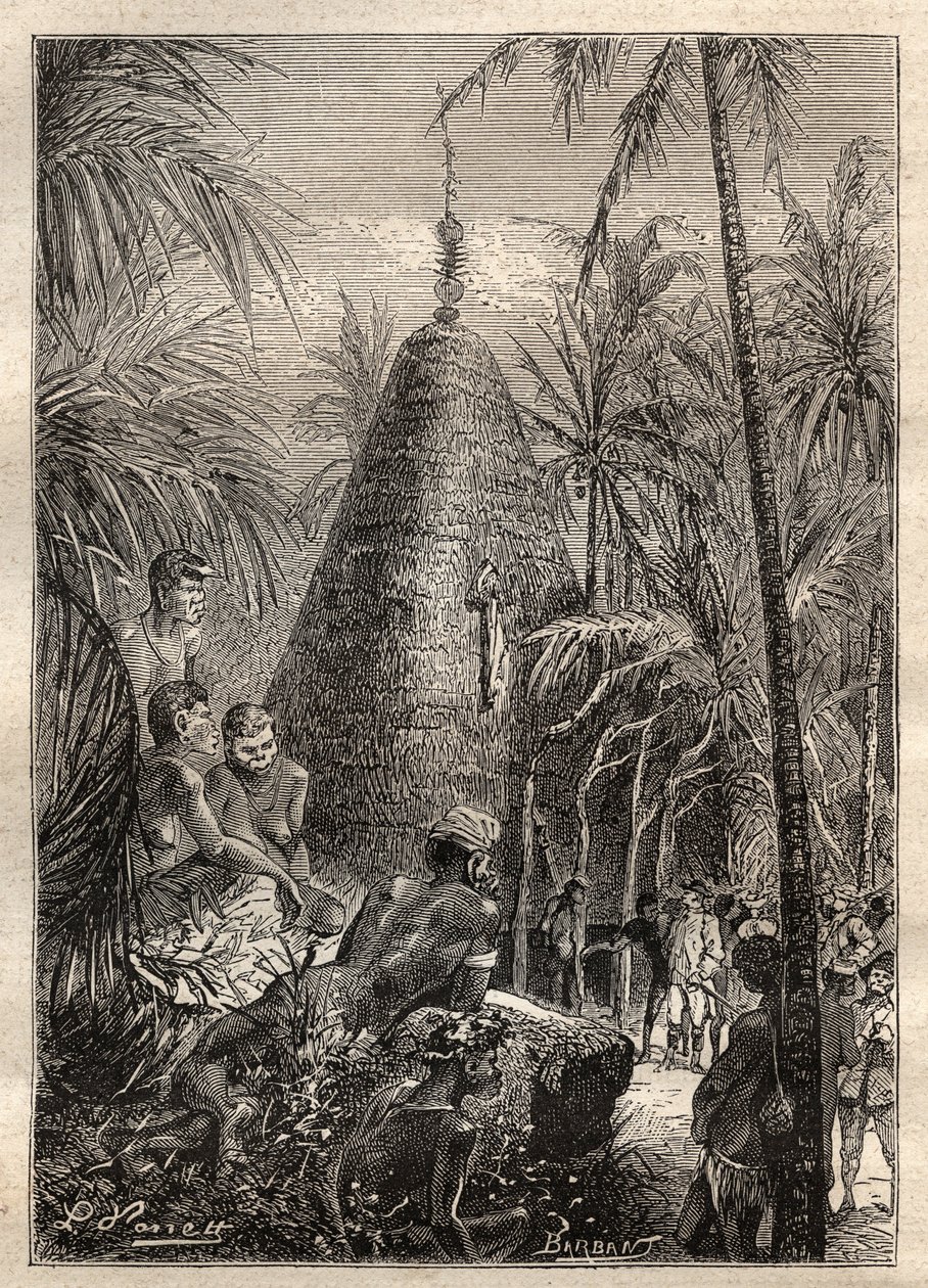 الرحلة الثانية (1772-1775) للكابتن جيمس كوك (1728-1779): منزل دائري تقليدي ، على سطح مرتفع كبير (كاليدونيا الجديدة) - رسم توضيحي مأخوذ من "البحارة العظماء في القرن الثامن عشر" بواسطة فنان غير معروف