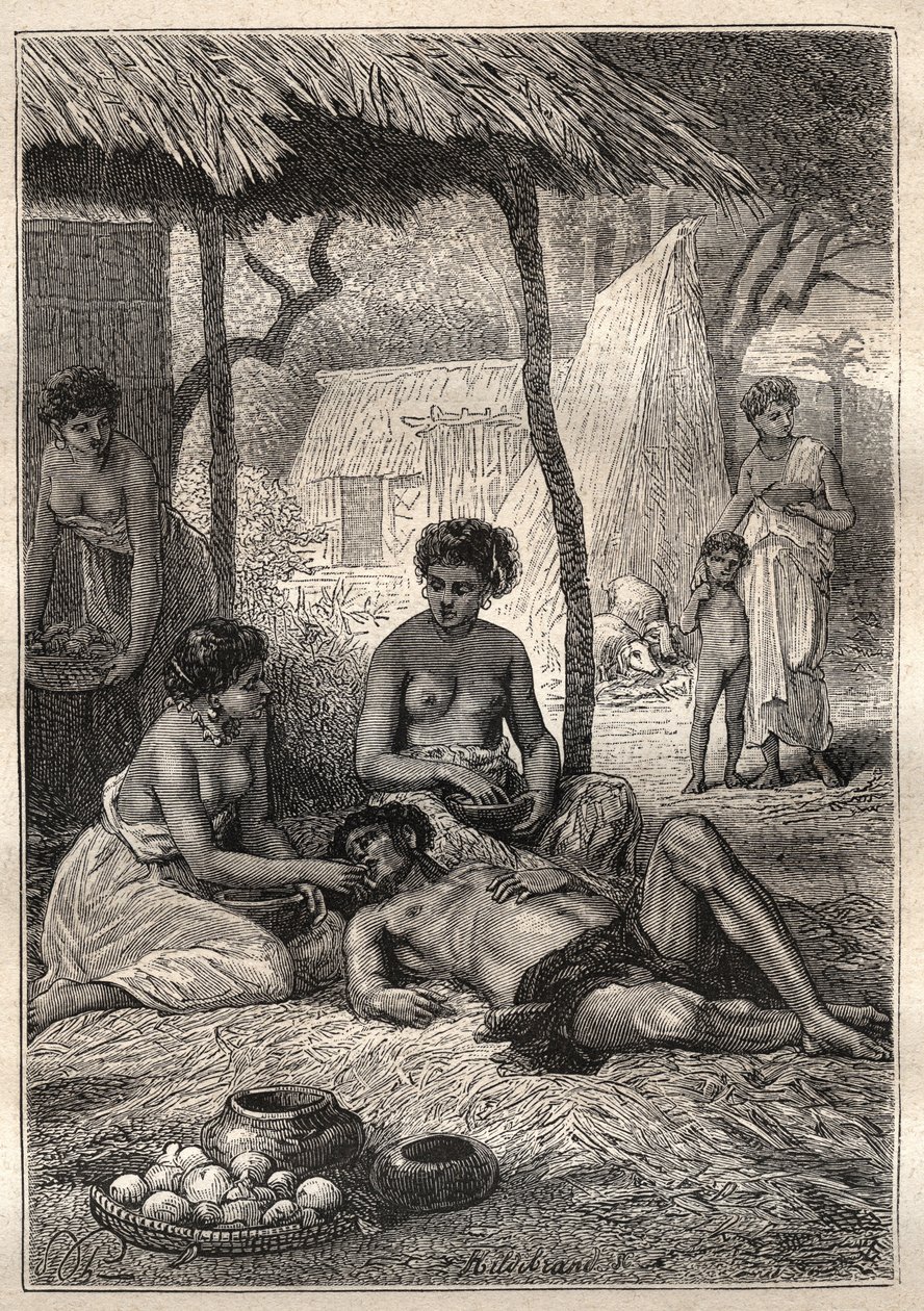 الرحلة الثانية (1772-1775) للكابتن جيمس كوك (1728-1779): جزيرة أمضى يومه تبتلعها زوجاته (تاهيتي) - رسم توضيحي مأخوذ من "البحارة العظماء في القرن الثامن عشر" بواسطة فنان غير معروف