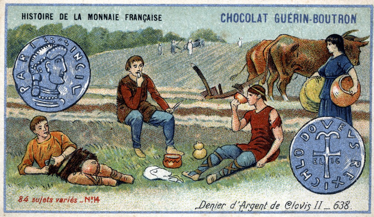 سلسلة تاريخ دار السك الفرنسية التي نشرتها Chocolat Guérin Boutron. الطباعة الحجرية الملونة في القرن التاسع عشر. المنكر الفضي لكلوفيس الثاني عام 638 بواسطة فنان غير معروف