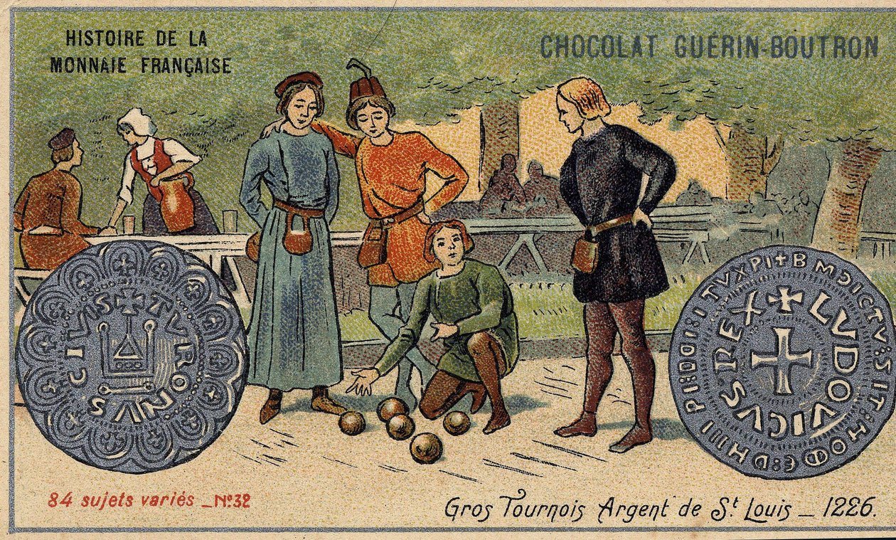 سلسلة تاريخ دار السك الفرنسية التي نشرتها Chocolat Guérin Boutron. الطباعة الحجرية الملونة في القرن التاسع عشر. بطولات كبيرة. الفضة سانت لويس. 1226 بواسطة فنان غير معروف