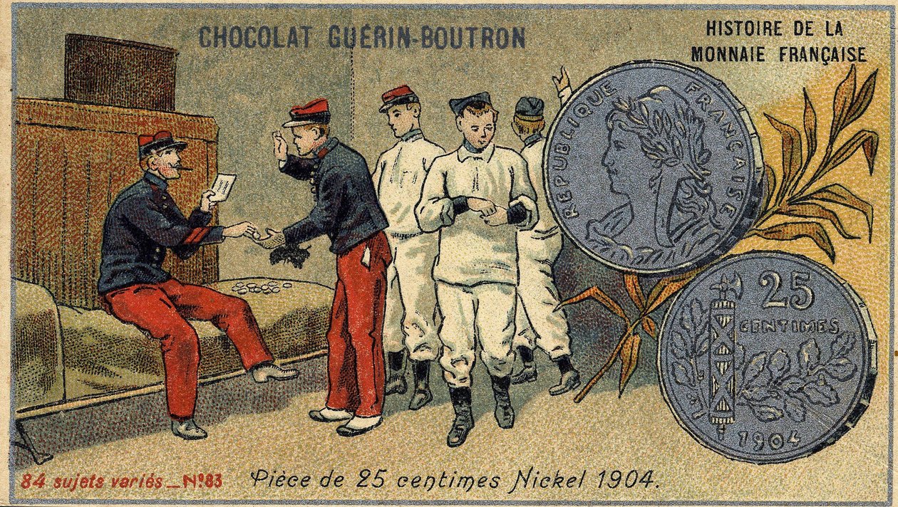سلسلة تاريخ دار السك الفرنسية التي نشرتها Chocolat Guérin Boutron. الطباعة الحجرية الملونة في القرن التاسع عشر. عملة 25 سنت. نيكل 1904 بواسطة فنان غير معروف