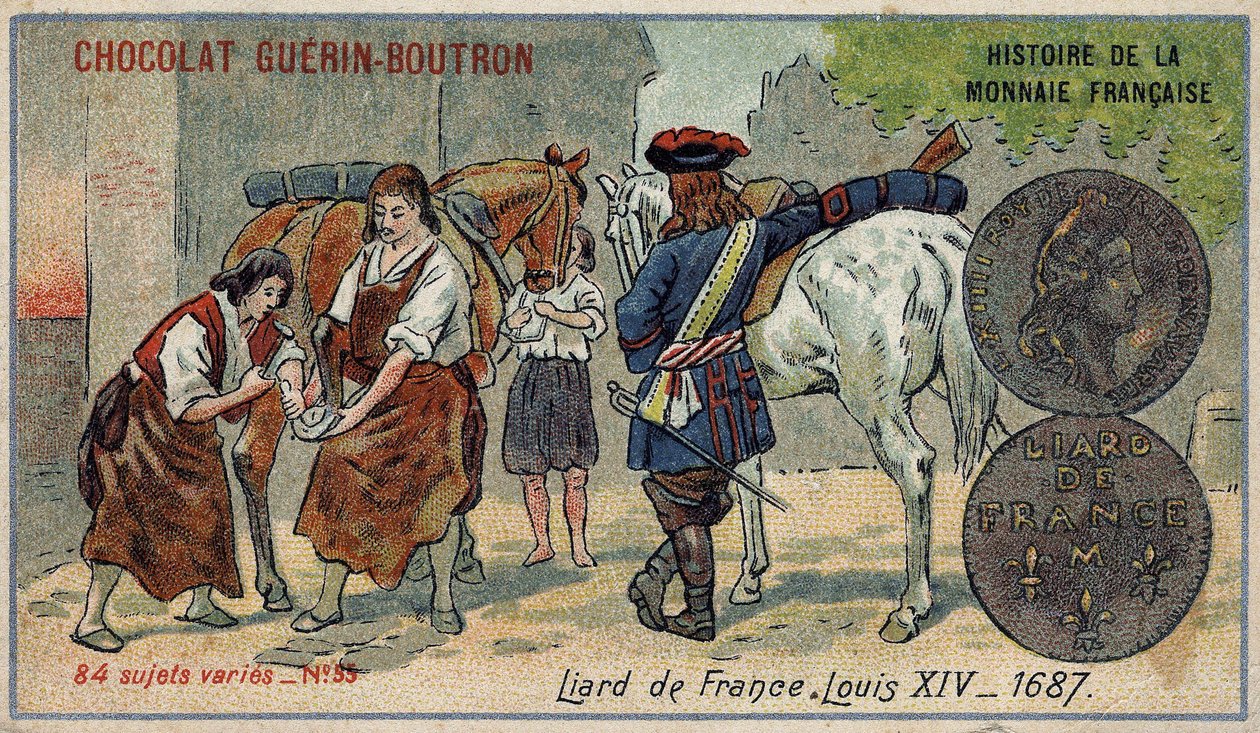 سلسلة تاريخ دار السك الفرنسية التي نشرتها Chocolat Guérin Boutron. الطباعة الحجرية الملونة في القرن التاسع عشر. Liard من فرنسا. لويس الرابع عشر عام 1687 بواسطة فنان غير معروف