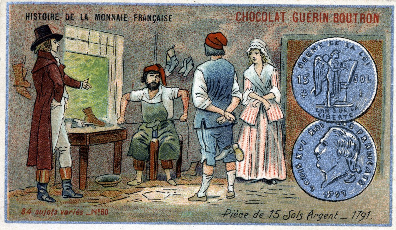 سلسلة تاريخ دار السك الفرنسية التي نشرتها Chocolat Guérin Boutron. الطباعة الحجرية الملونة في القرن التاسع عشر. عملات معدنية من 15 تربة فضية في عام 1791 بواسطة فنان غير معروف