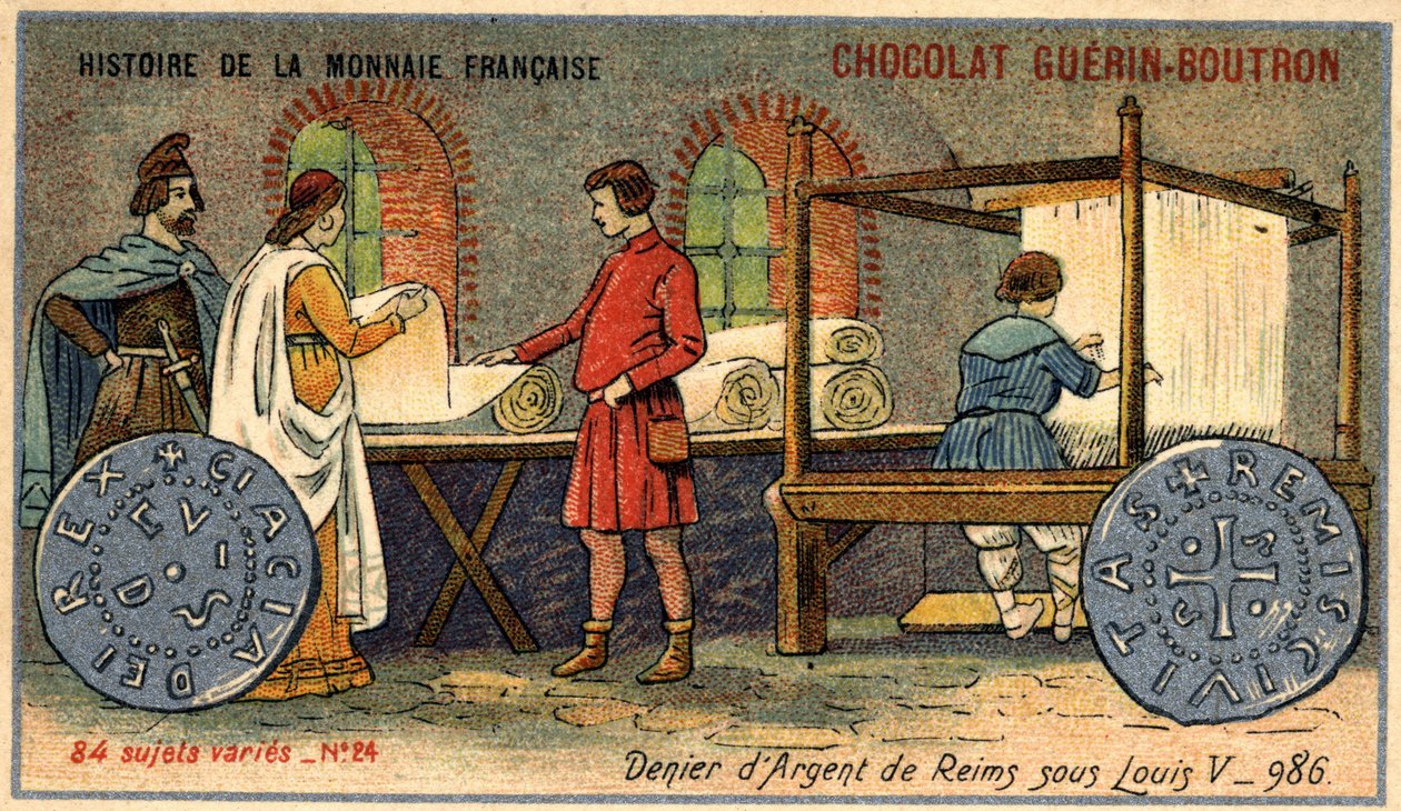 سلسلة تاريخ دار السك الفرنسية التي نشرتها Chocolat Guérin Boutron. الطباعة الحجرية الملونة في القرن التاسع عشر. المنكر الفضي لريمس تحت حكم لويس الخامس عام 986 بواسطة فنان غير معروف