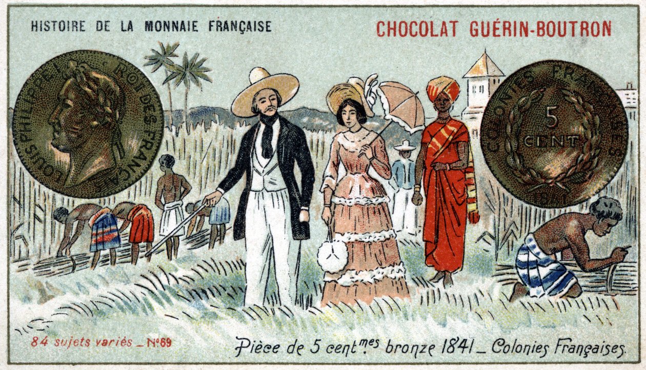 سلسلة تاريخ دار السك الفرنسية التي نشرتها Chocolat Guérin Boutron. الطباعة الحجرية الملونة في القرن التاسع عشر. عملة برونزية 5 سنت عام 1841. المستعمرات الفرنسية بواسطة فنان غير معروف