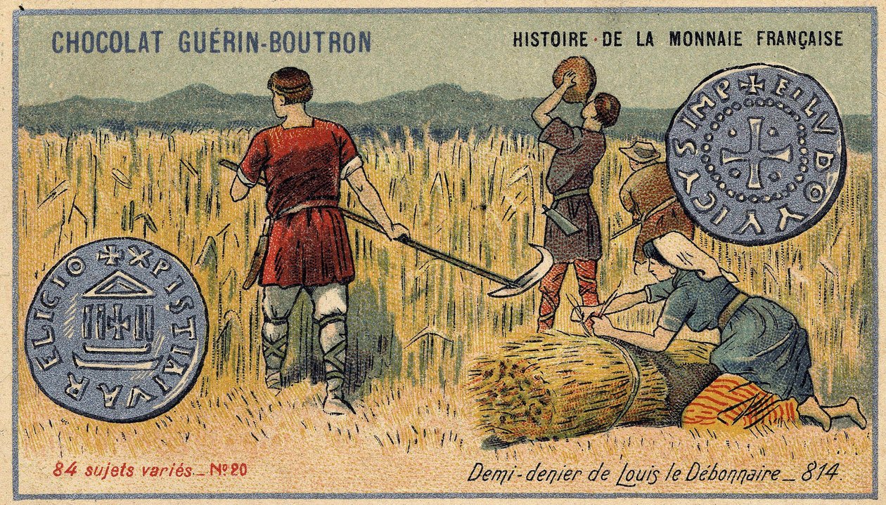 سلسلة تاريخ دار السك الفرنسية التي نشرتها Chocolat Guérin Boutron. الطباعة الحجرية الملونة في القرن التاسع عشر. نصف منكر لويس ديبونير عام 814 بواسطة فنان غير معروف