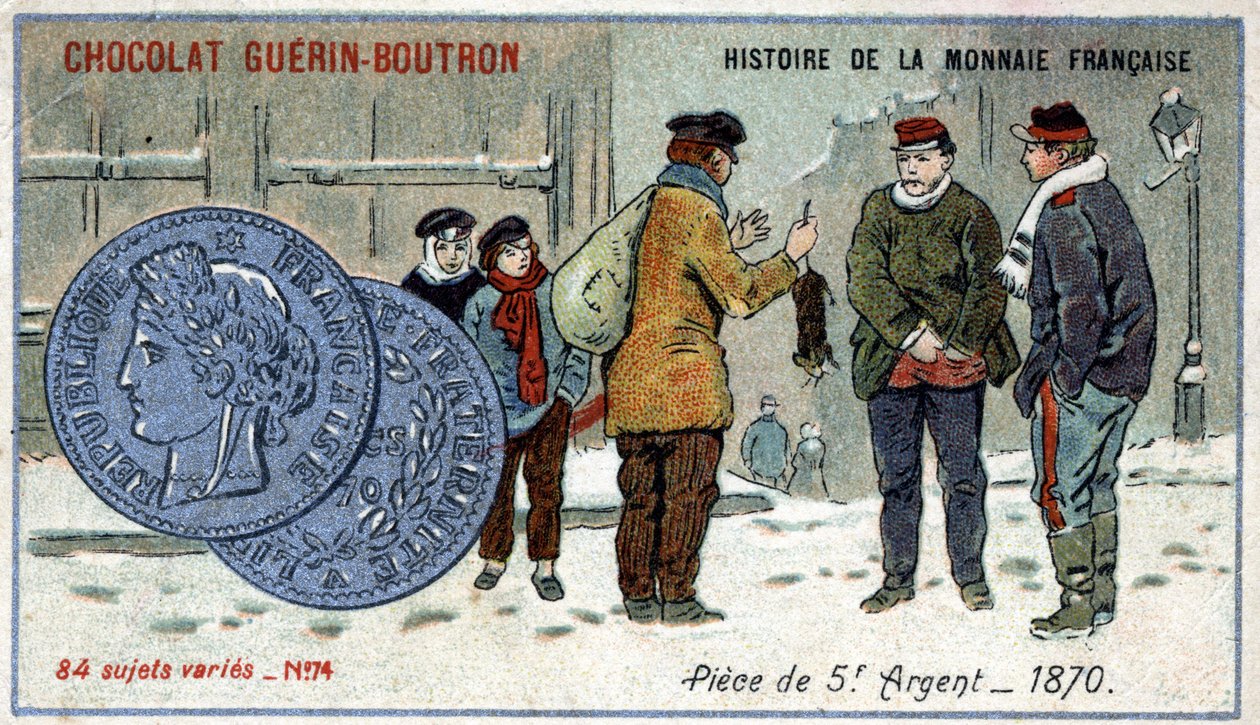 سلسلة تاريخ دار السك الفرنسية التي نشرتها Chocolat Guérin Boutron. الطباعة الحجرية الملونة في القرن التاسع عشر. عملة فضية 5 فرنك عام 1870 بواسطة فنان غير معروف