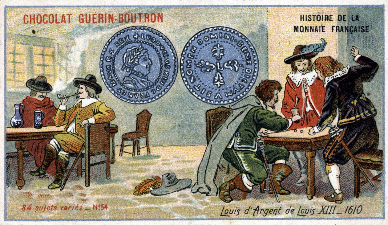 سلسلة تاريخ دار السك الفرنسية التي نشرتها Chocolat Guérin Boutron. الطباعة الحجرية الملونة في القرن التاسع عشر. لويس الثالث عشر سيلفر لويس عام 1610 بواسطة فنان غير معروف