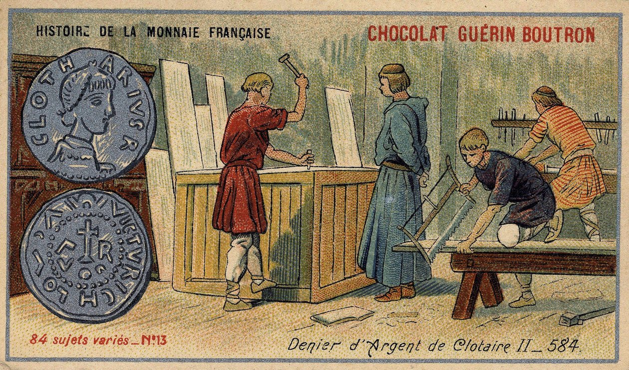 سلسلة تاريخ دار السك الفرنسية التي نشرتها Chocolat Guérin Boutron. الطباعة الحجرية الملونة في القرن التاسع عشر. منكر الفضة من كلوتاير (كلوثير) الثاني في 584 بواسطة فنان غير معروف
