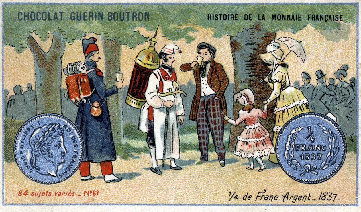 سلسلة تاريخ دار السك الفرنسية التي نشرتها Chocolat Guérin Boutron. الطباعة الحجرية الملونة في القرن التاسع عشر. ربع فرنك فضي عام 1837 بواسطة فنان غير معروف