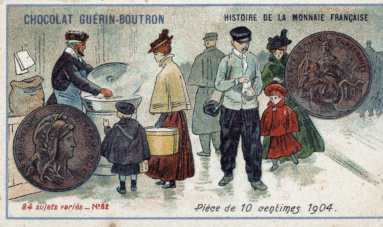 سلسلة تاريخ دار السك الفرنسية التي نشرتها Chocolat Guérin Boutron. الطباعة الحجرية الملونة في القرن التاسع عشر. عملة 10 سنت في عام 1904 بواسطة فنان غير معروف