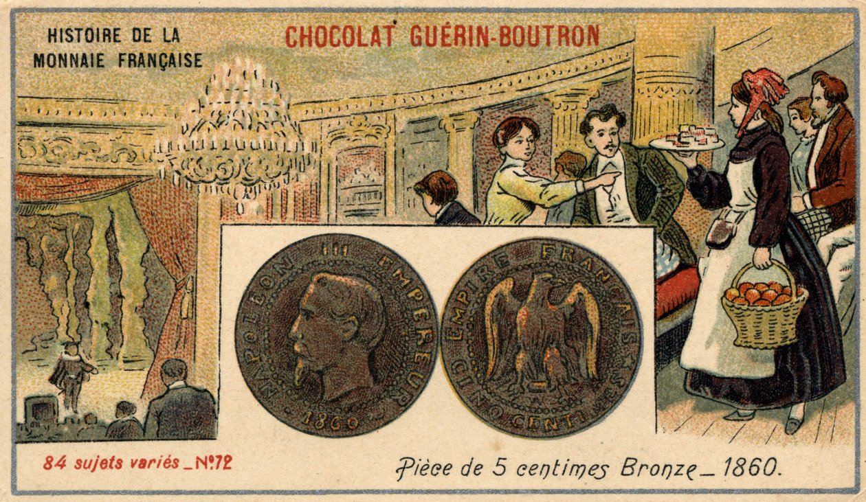 سلسلة تاريخ دار السك الفرنسية التي نشرتها Chocolat Guérin Boutron. الطباعة الحجرية الملونة في القرن التاسع عشر. عملة برونزية 5 سنت في عام 1860. نابليون الثالث. بواسطة فنان غير معروف