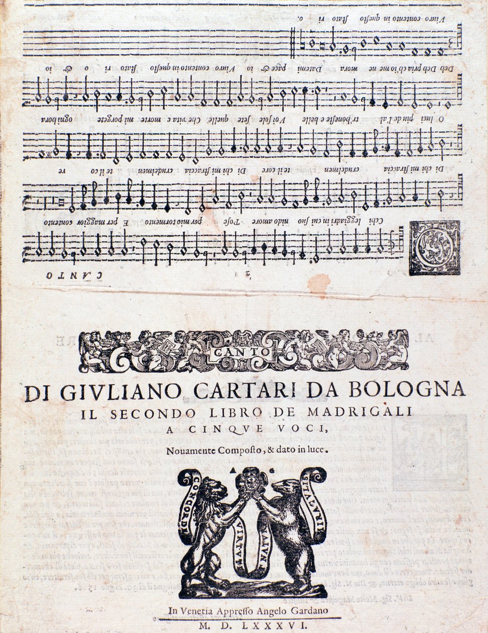 صفحة الموسيقى النوتة من Madrigals (الكتاب الثاني) لجوليانو كارتاري من بولونيا بواسطة فنان غير معروف