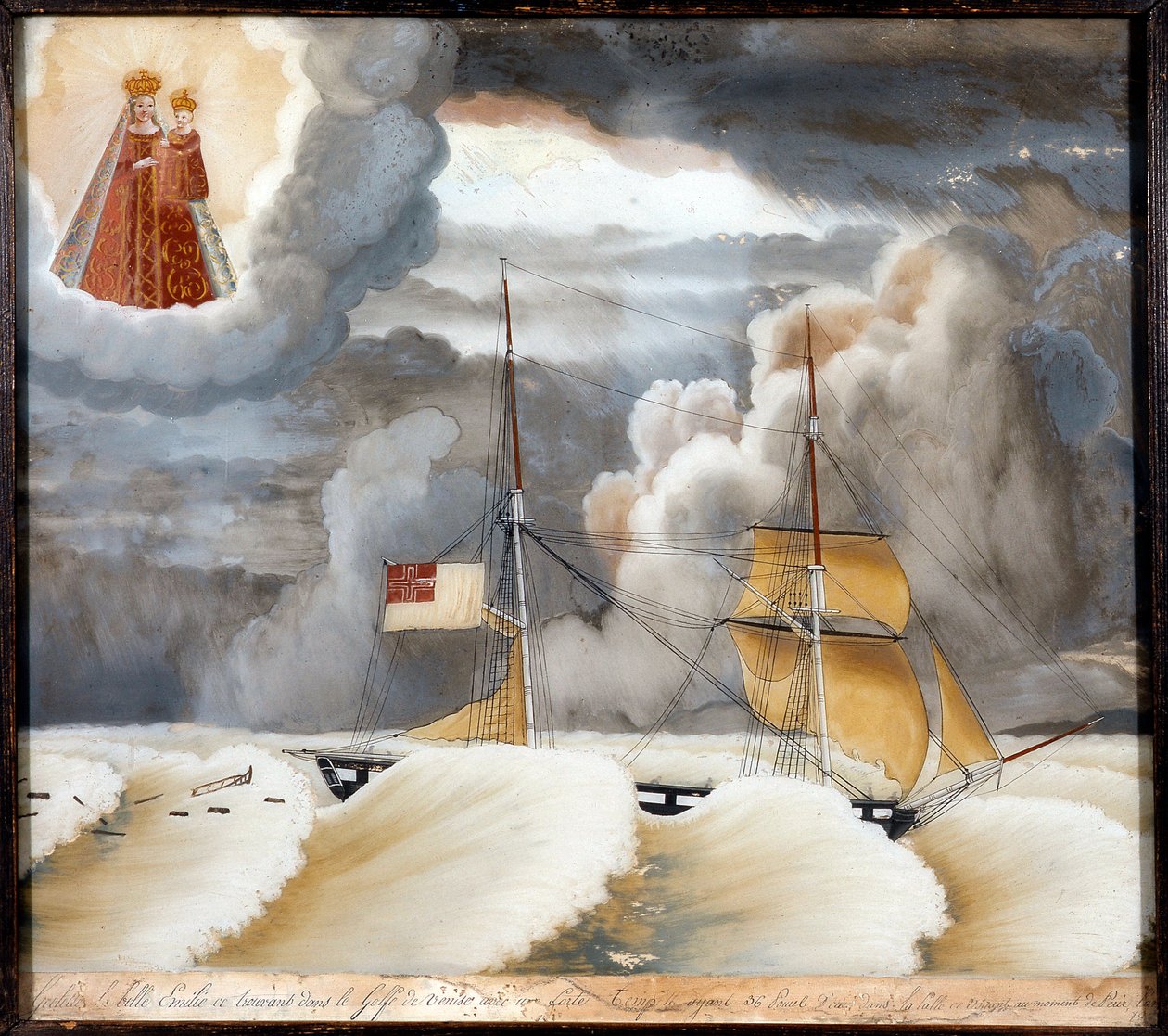 صعوبة السفينة "La belle Emilie" - الرسم على الخشب ، ex voto of the Notre Dame de Laghet ، 44x37 سم بواسطة فنان غير معروف