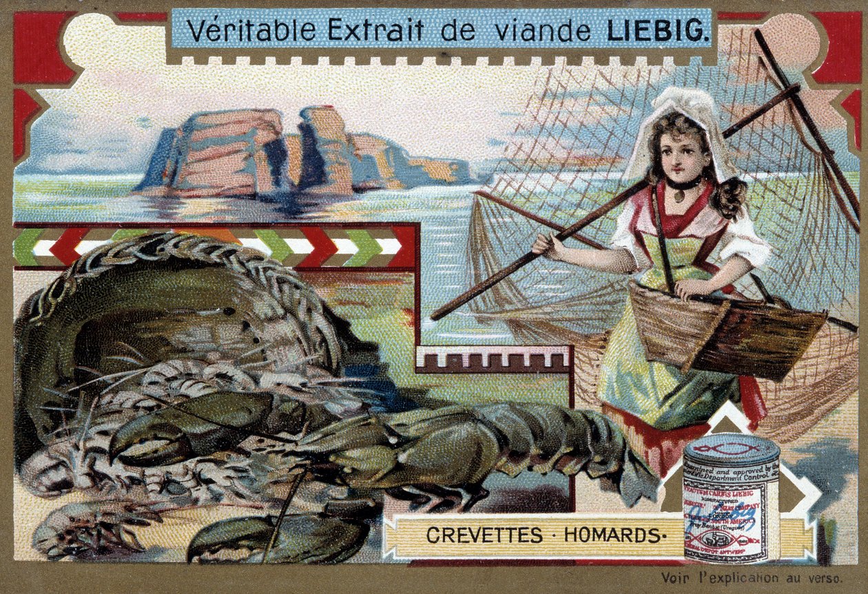 جمبري وسرطان البحر ، مع امرأة شابة تعمل في الصيد ، تحمل سلتها وشبكة كبيرة - Liebig chromolithography بواسطة فنان غير معروف