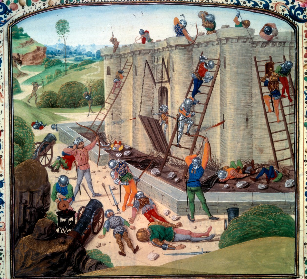 حصار بريست (1386 م). صورة مصغرة في "" Chronicles "" لجين فرويسارت (Folio 116v) بواسطة فنان غير معروف