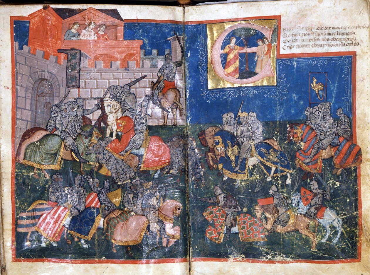 حصار بامبلونا في إسبانيا من قبل شارلمان المصغر من “Entree of Spain”. مدينة البندقية في القرن الرابع عشر ، مكتبة مارسيانا. بواسطة فنان غير معروف