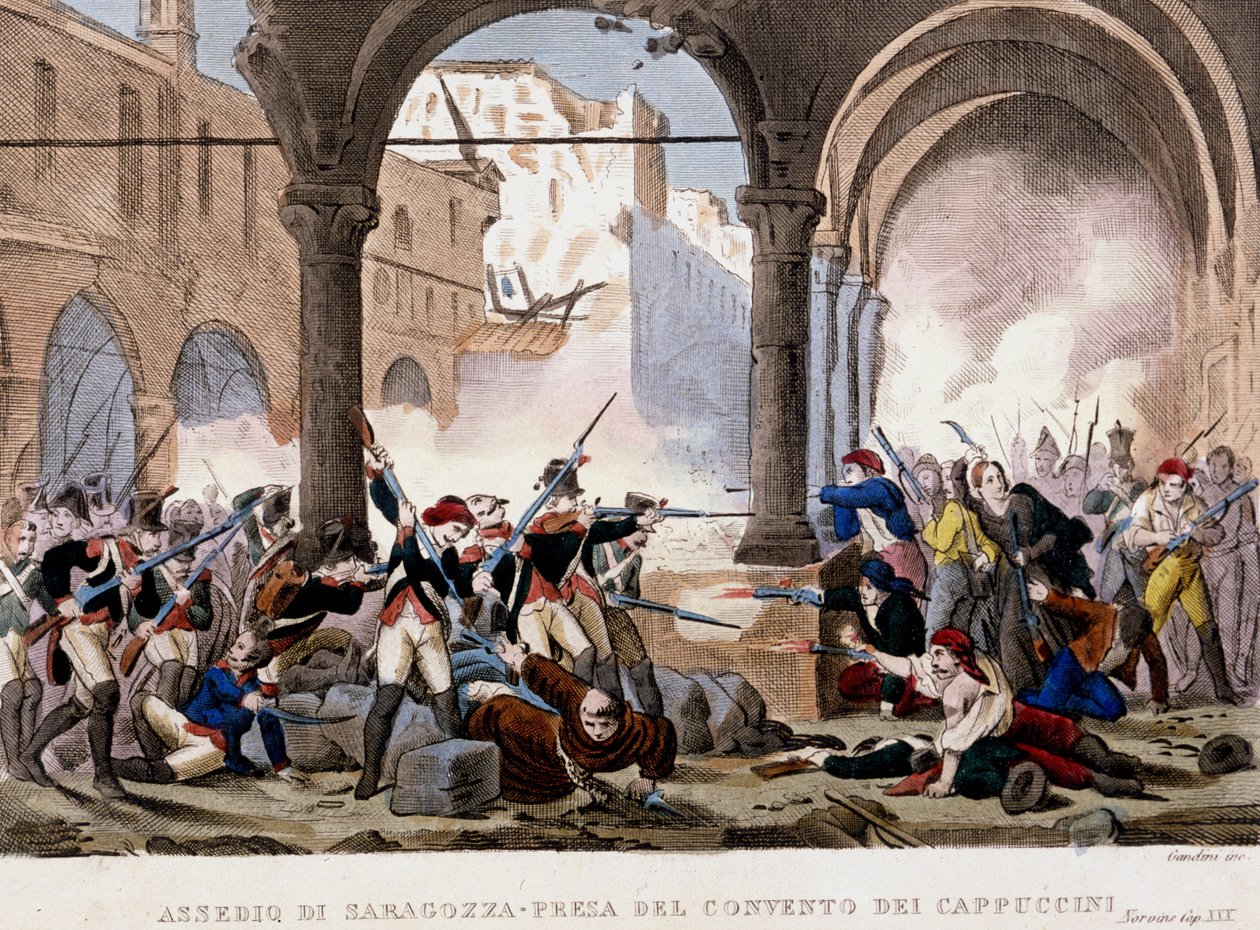 حصار سرقسطة (سرقسطة) ودير كابوشين عام 1808. نقش ملون لتلك الفترة. ميلان بواسطة فنان غير معروف